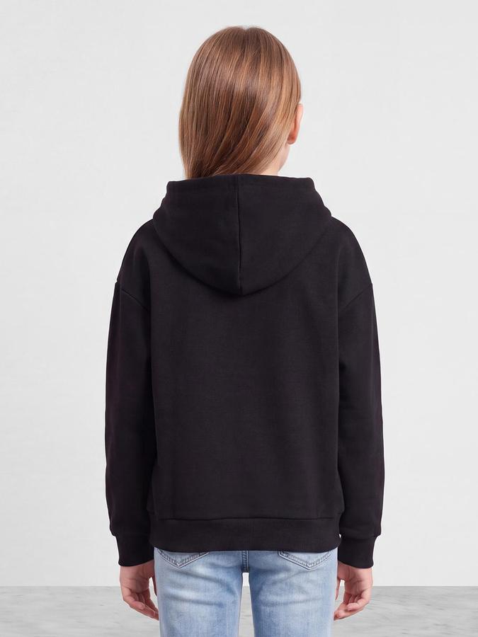R&B Girls Black Graphic Print Long Sleeves Hooded Sweatshirt