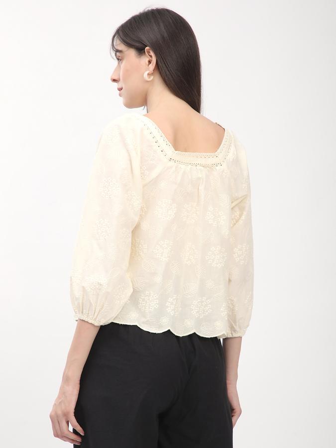 Womens's white schiffli flared tunic with gathered sleeves image number 2