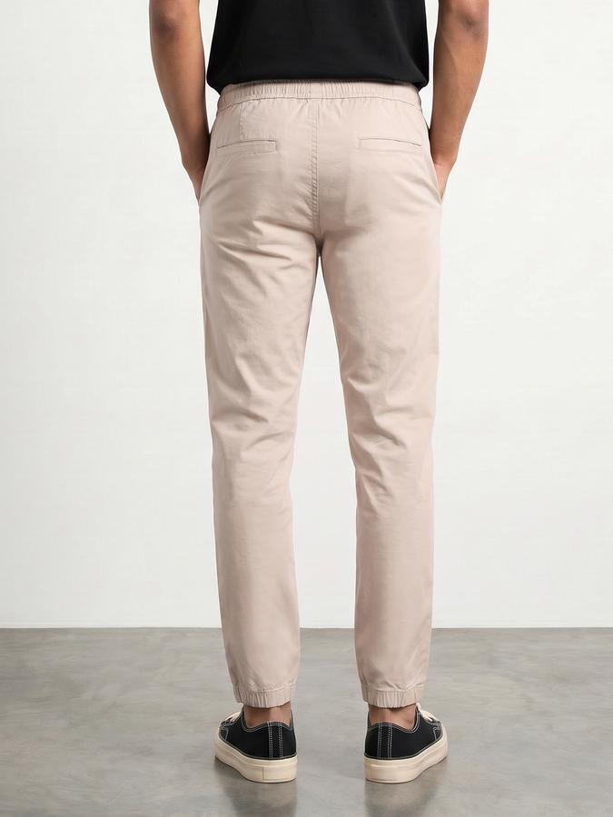 R&B Mens Beige Slim Fit Solid Mid Rise Trousers