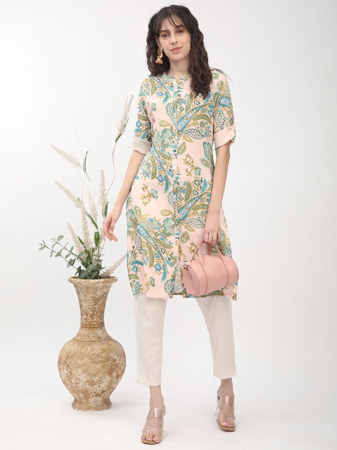 Women's regular fit peach mandarin collared paisley printed kurta image number 1