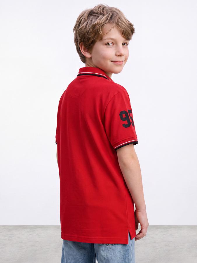 R&B Boys Red Collegiate Badge Printed Polo Collar Short Sleeves Pure Cotton T-shirt