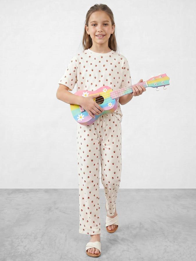 R&B Girls Off White Printed Round Neck Short Sleeves Pure Cotton T-shirt &amp; Pyjamas Set