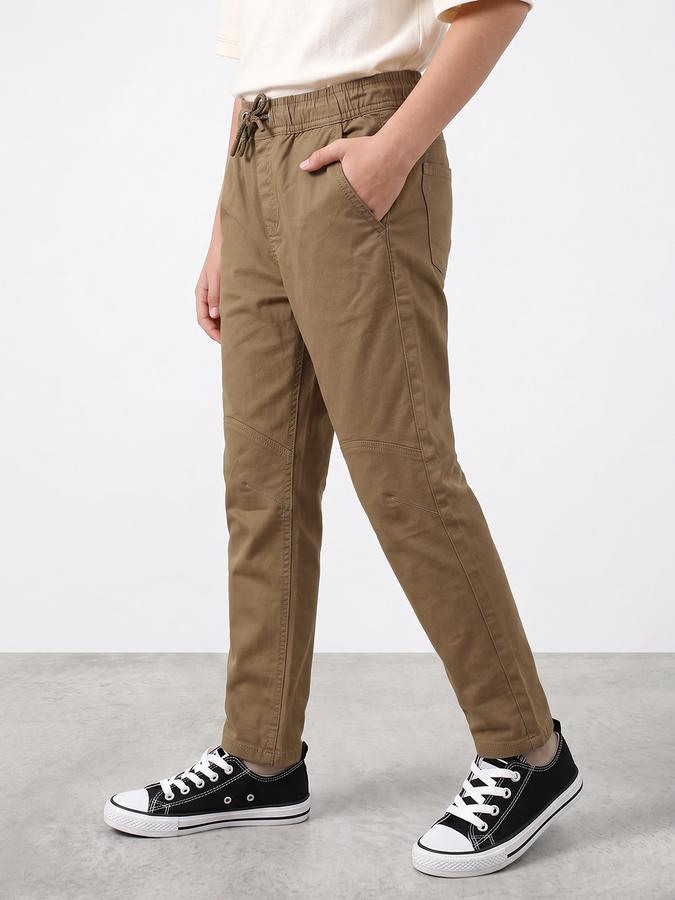 R&B Boys Khaki Solid Regular Fit Mid Rise Trousers