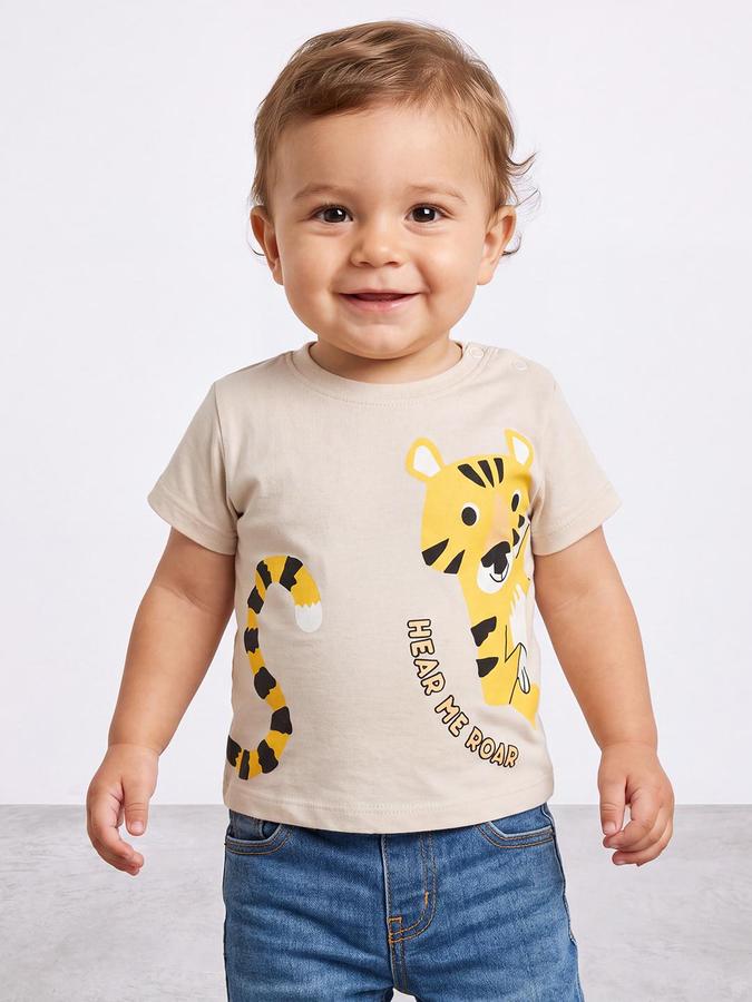 R&B Boys Beige Short Sleeve Round Neck Tiger Graphic Print T-Shirt