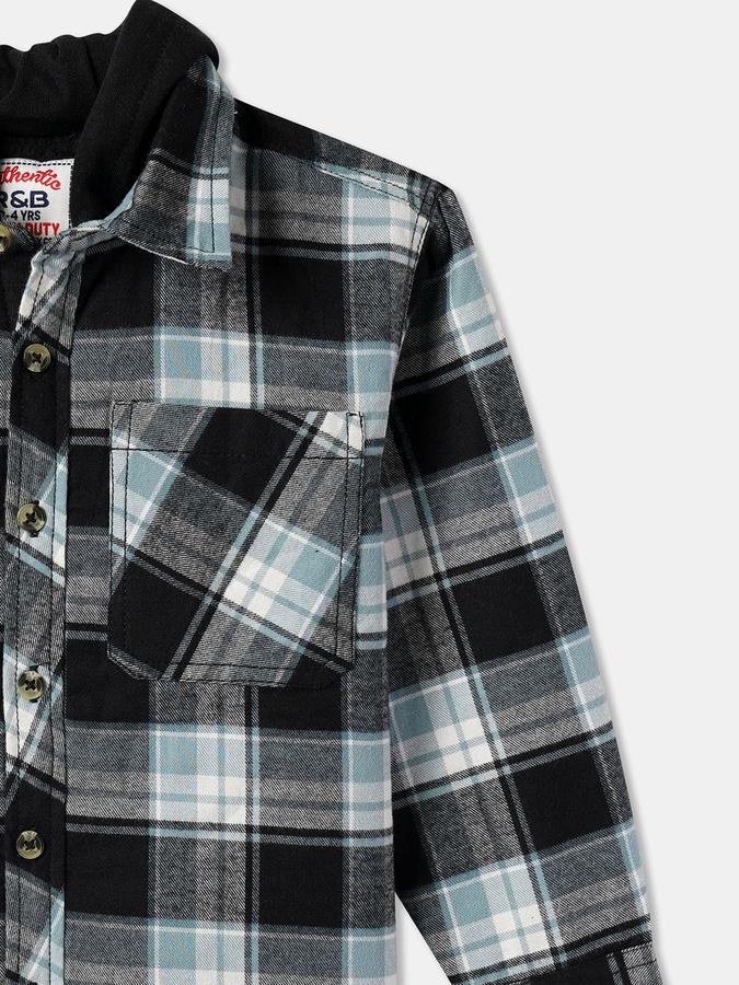 Boys Flannel Relaxed Fit Full Sleeve Hooded Plaid Shirt