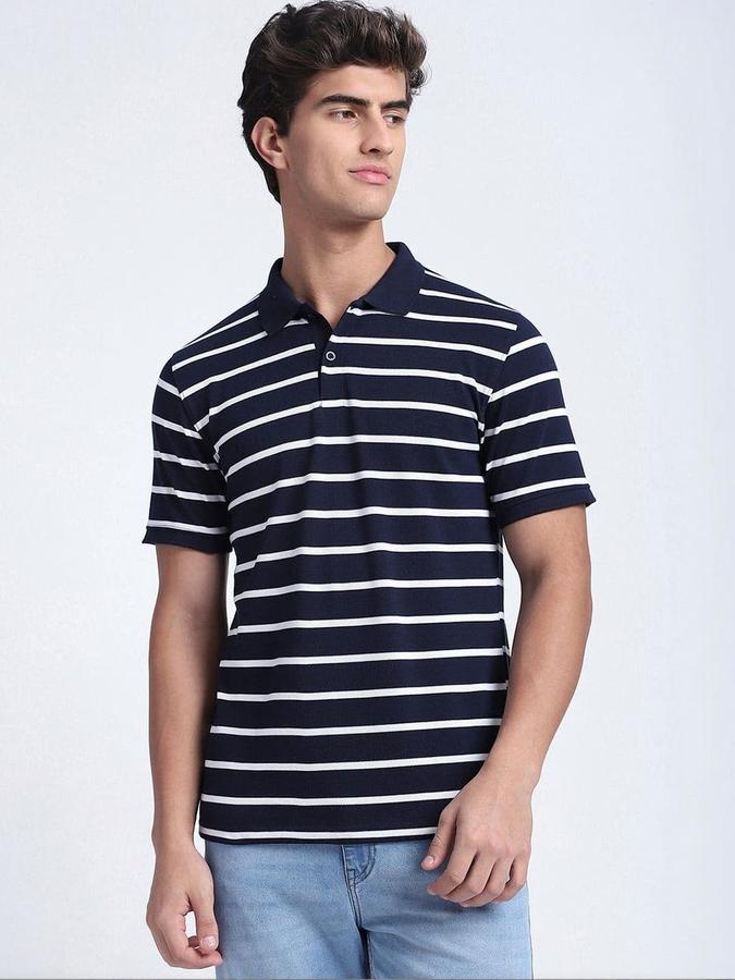 R&B Mens Navy Blue Striped Polo Collar Short Sleeves T-shirt
