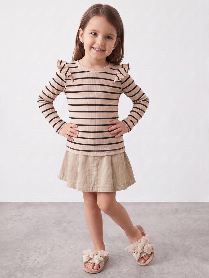 R&B Girls Beige Striped Long Sleeves Round Neck Ribbed T-Shirt