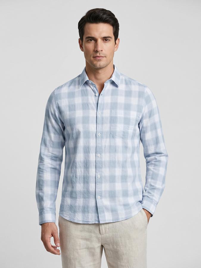 R&B Blue Checked Men Spread Collar Long Sleeves Shirt