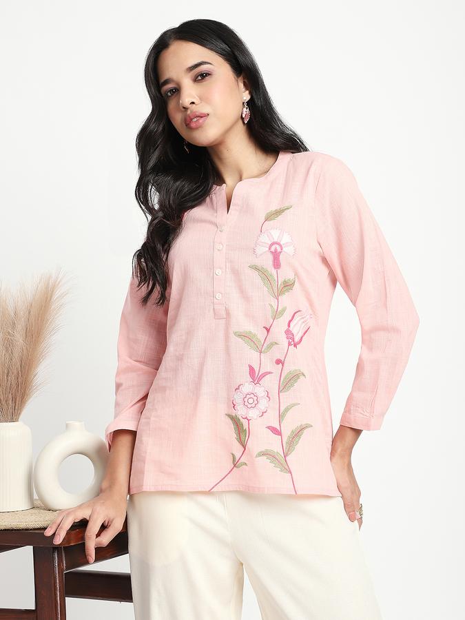 Women Viscose Regular Fit Mandarin Collar Embroidered Top