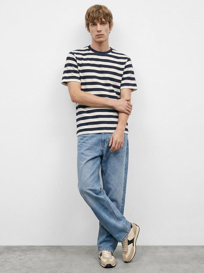 R&B Navy Blue Men Striped Short Sleeves Tshirt