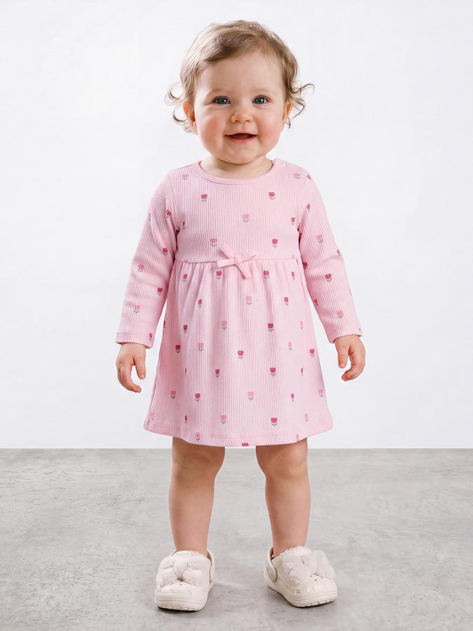 R&B Girl Light Pink Round Neck Printed Dress