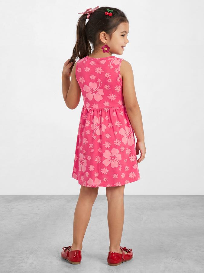 R&B Girl Pink  Floral Print Pure Cotton Sleeveless Fit and Flare Dress