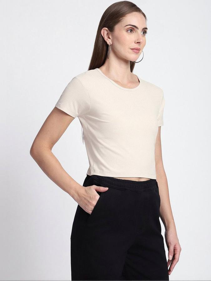R&B Womens Cream Self Design Round Neck Short Sleeves T-shirt