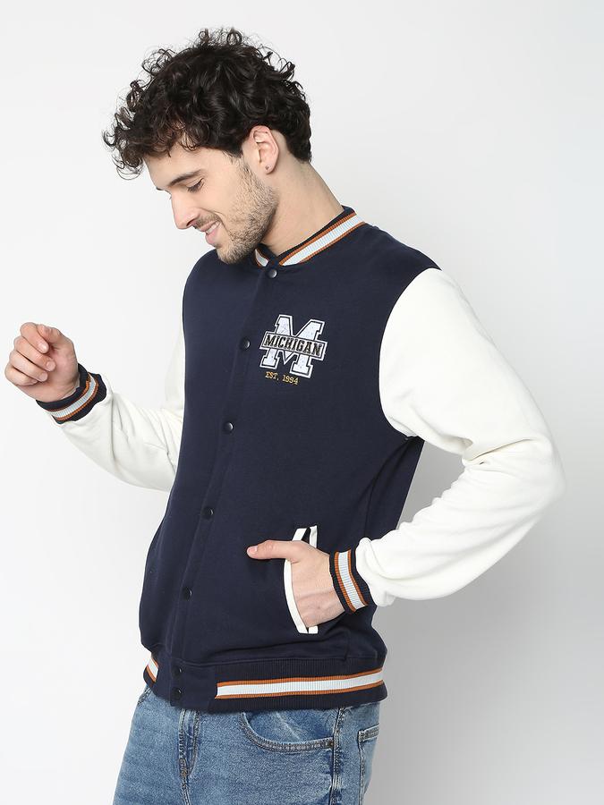 Men Cotton Regular Fit Patched Varsity Jacket