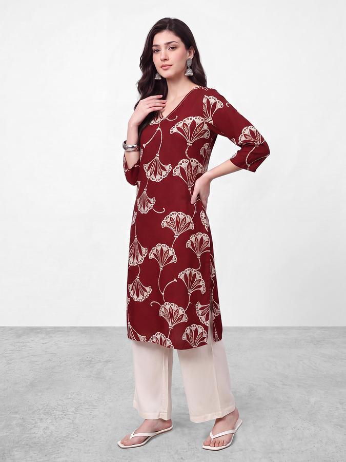 R&B Womens Dark Red Three-Quarter Sleeves V Neck Floral Printed Straight Kurta