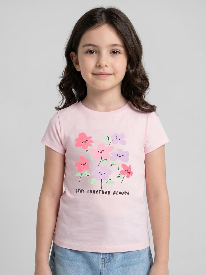 R&B Pink Graphic Print Girls Round Neck Regular Fit Short Sleeves T-Shirt 