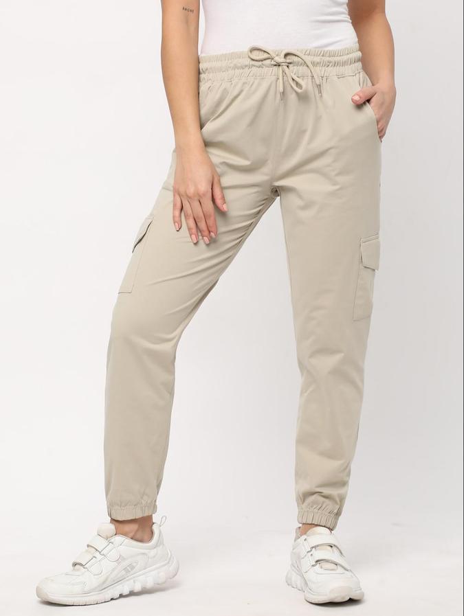 R&B Beige Solid Relaxed Fit Women Track Pant