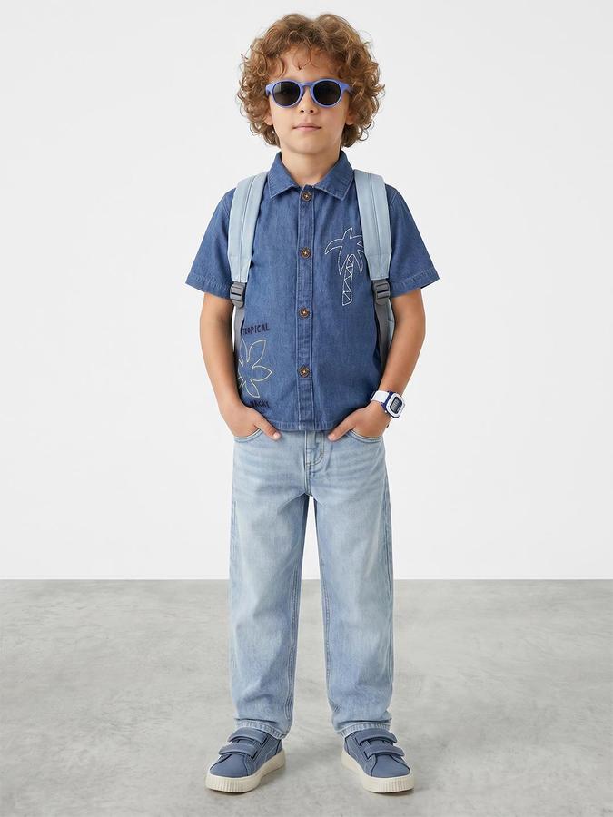 R&B Boys Medium Blue Spread Collar Short Sleeves Tropical Palm Tree Embroidery Shirt