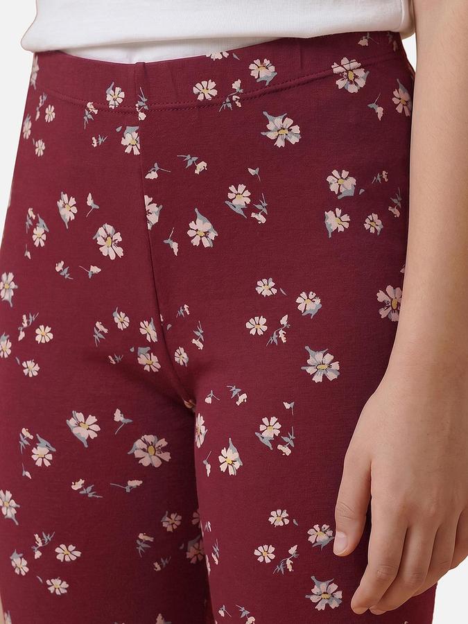 R&B Girl's Maroon Floral Printed Cotton Leggings