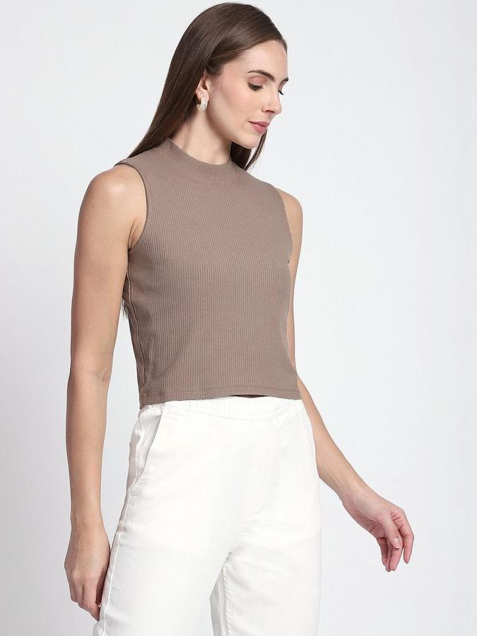 R&B Womens Dark Brown Self Design High Neck Sleeveless Top