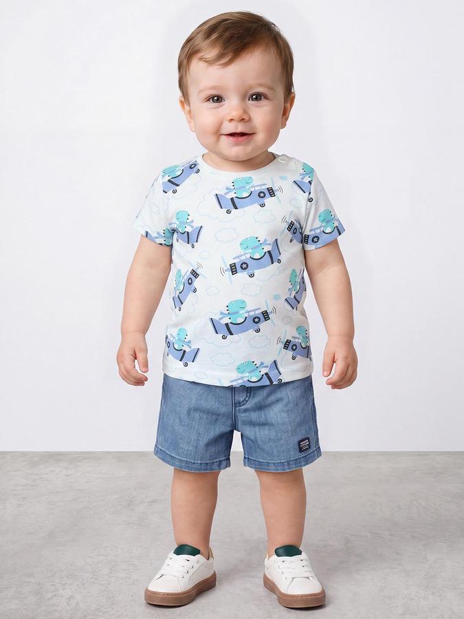 R&B Boys Ivory Short Sleeve Round Neck Aeroplane Graphic Print T-Shirt