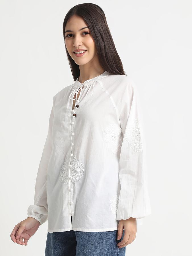 Women Cotton Relaxed Fit Tie Neck Embroidered Top