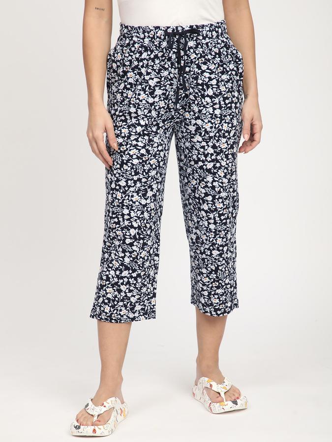 Women Cotton Slim Drawstring Printed Capri Pants