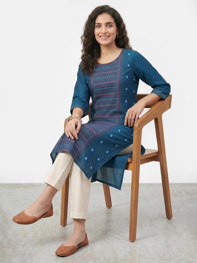 R&B Women Blue Printed Round Neck Three-Quarter Sleeves Calf Length Straight Kurta 