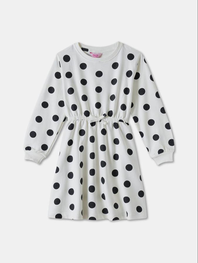 R&B Beige Polka Dots Printed Girls Long Sleeves Dress
