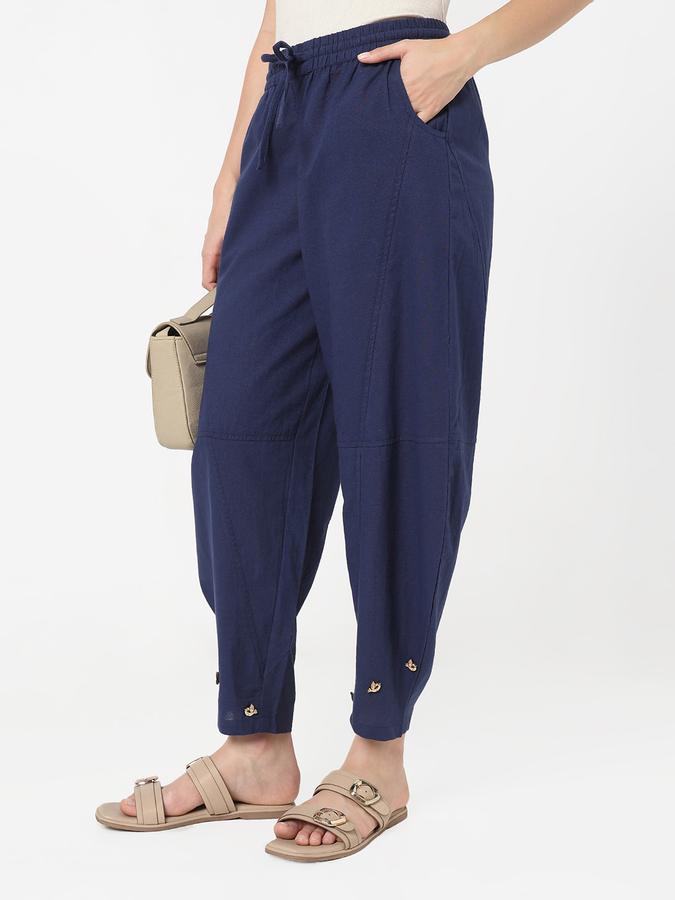 Women Cotton Harem Drawstring Waist Solid Trousers