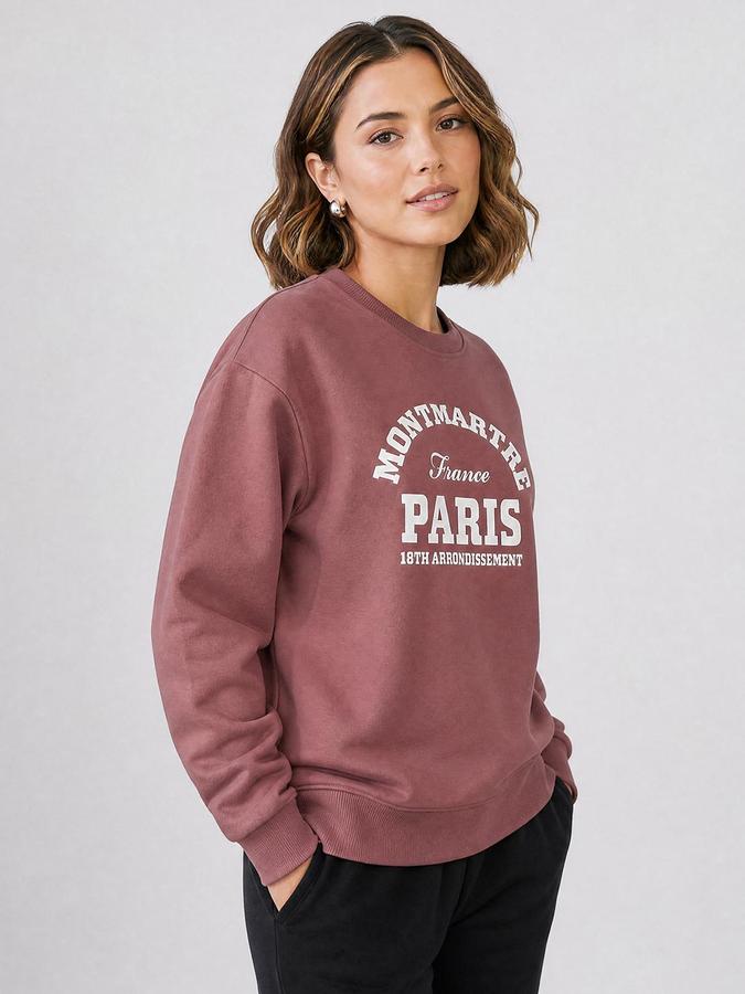 R&B Women Dusty Rose Varsity Typography Round Neck Long Sleeves Relaxed Fit Sweatshirt
