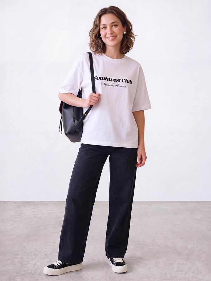 R&B Women Ivory Typography Pure Cotton Round Neck Short Sleeves T-Shirt