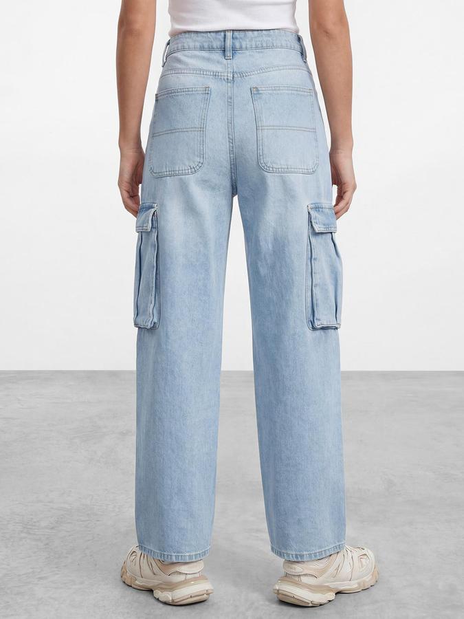 R&B Women's Blue Straight Fit Pure Cotton Cargo Jeans