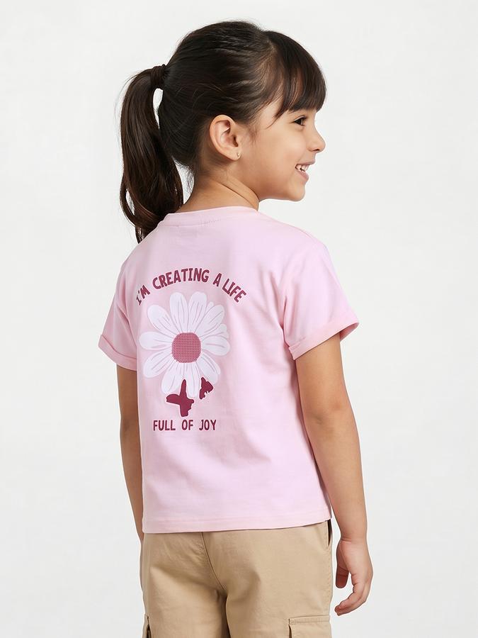 R&B Girls Pink Regular Fit Floral Print Short Sleeve T-shirt