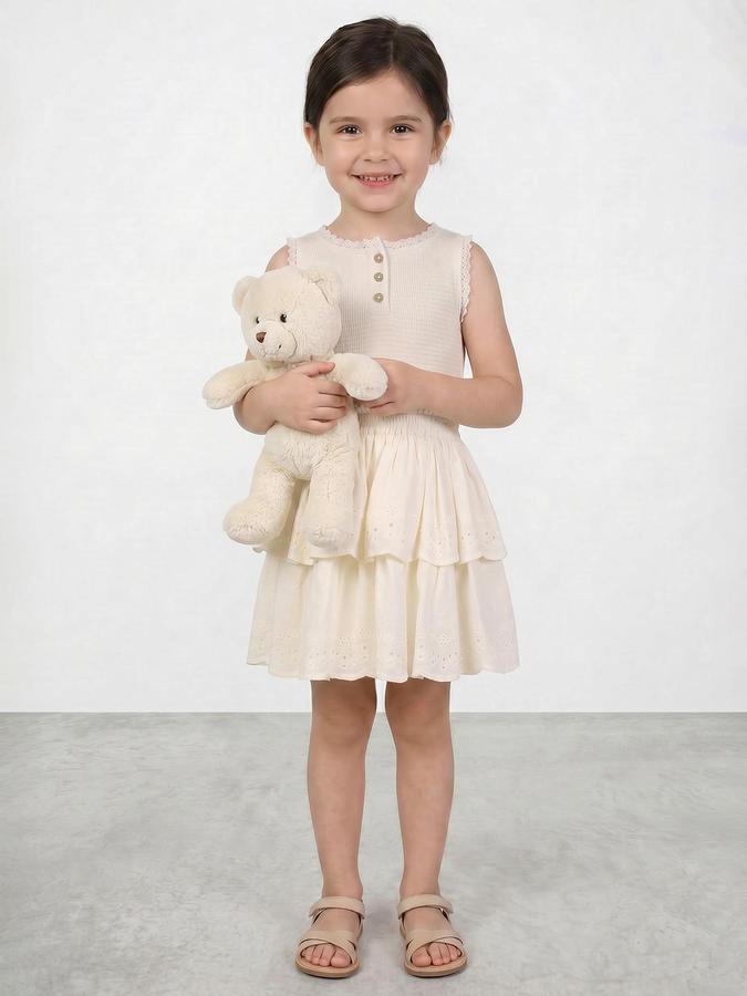 R&B Beige Cotton Textured Girls Dresses