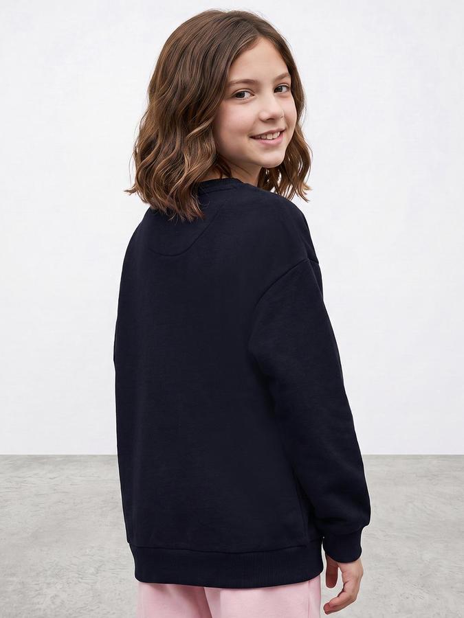 R&B Girls Dark Blue Typography Print Round Neck Long Sleeves Sweatshirt