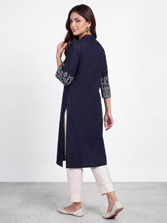 R&B Women Navy Blue Floral Embriodery Shirt Collar Three-Quarter Sleeves Straight Kurta