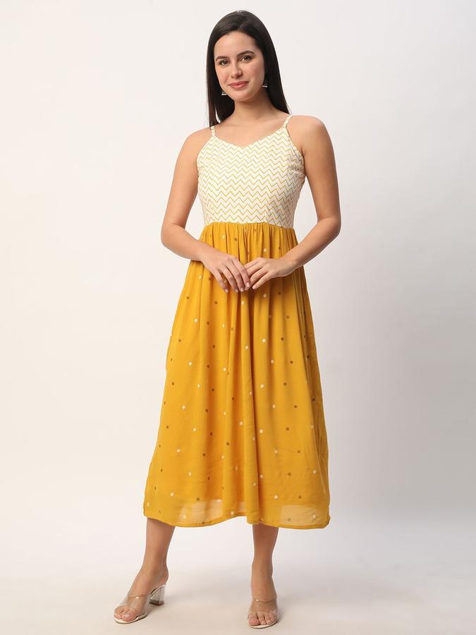 R&B Women Yellow Chevron Sleeveless V-Neck Midi Fit &amp; Flare Dress