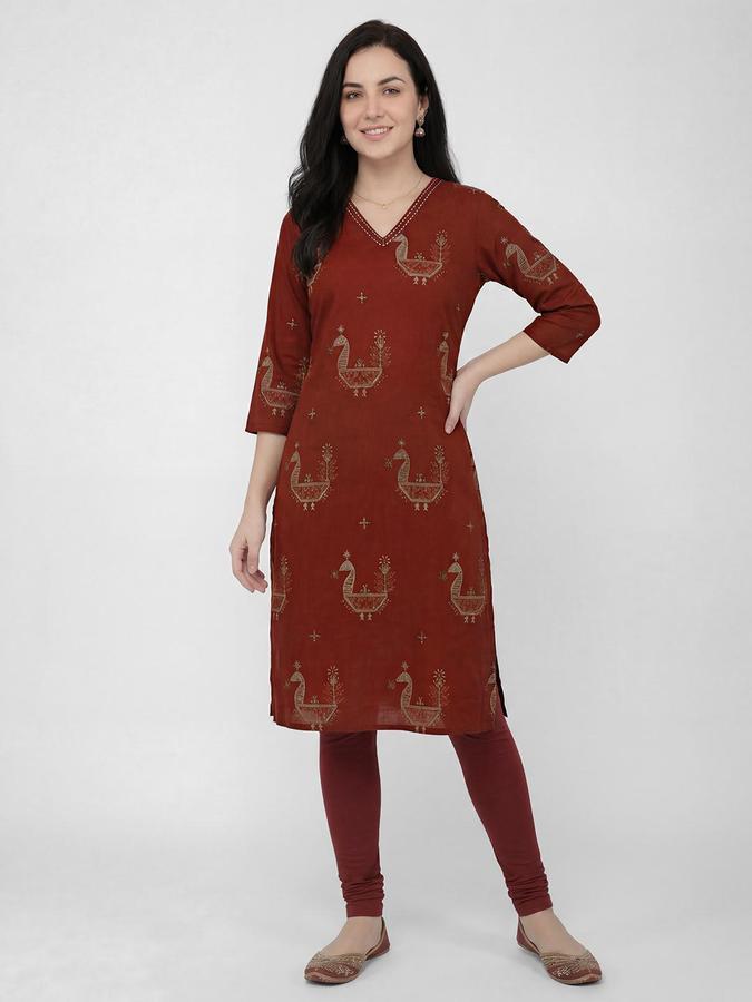 R&B Women Maroon Etnic Motifs Print V-Neck Knee Length Pure Cotton Ethnic Kurta