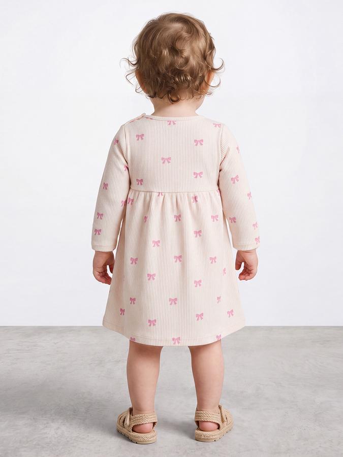 R&B Girl Cream Round Neck Printed Dress