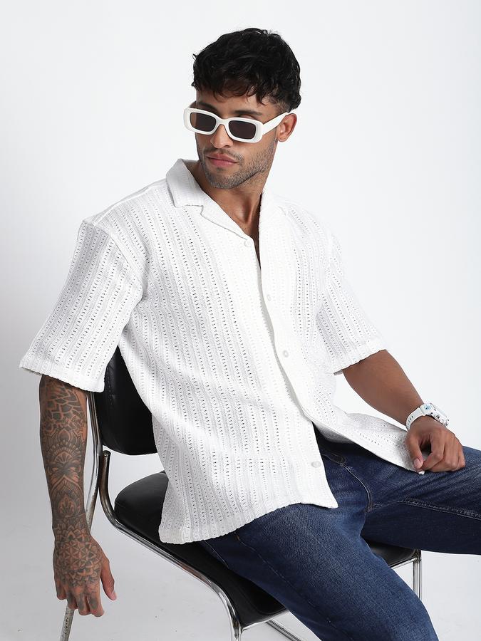 Men Cotton Blend Relaxed Fit Cuban Collar Textured Shirt