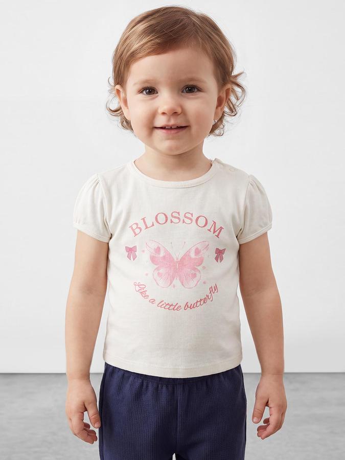 R&B Girls White Butterfly Print Short Sleeves Round Neck Pure Cotton T-Shirt