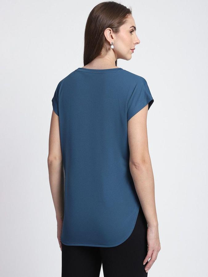 R&B Womens Teal Blue Typography Printed  Round Neck Short Sleeves T-shirt