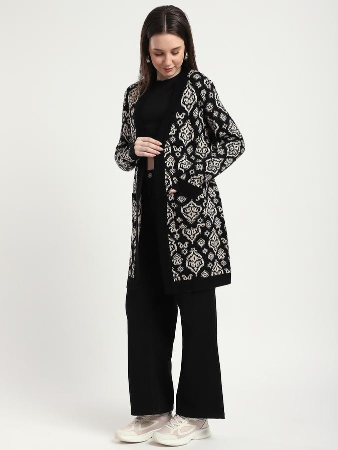 R&B Women Black Patterned Longline Cardigan