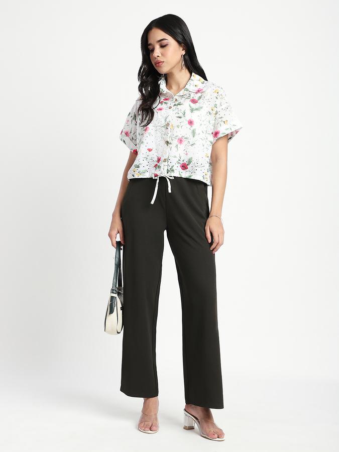R&B Women Olive Solid Wide-Leg Trousers
