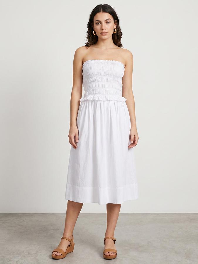 R&B Women White Solid Smocked Strapless Bandeau Dress