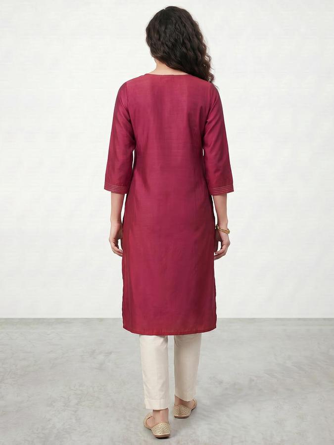 R&B Women Fuchsia Printed Round Neck Three-Quarter Sleeves Calf Length Straight Kurta 