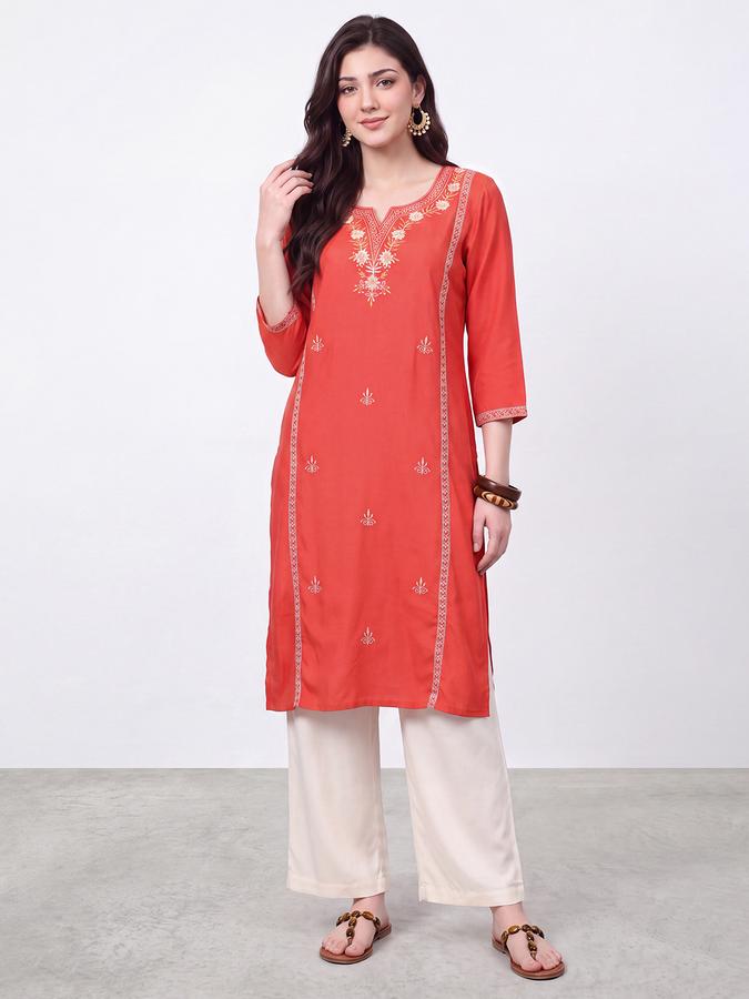 R&B Womens Coral Three-Quarter Sleeves Round Neck Floral Embroidery Straight Kurta
