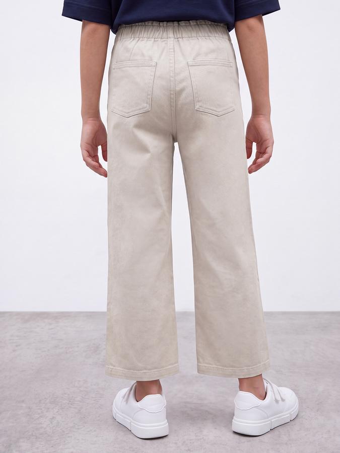 R&B Girls Beige Solid Wide Leg Mid Rise Trousers