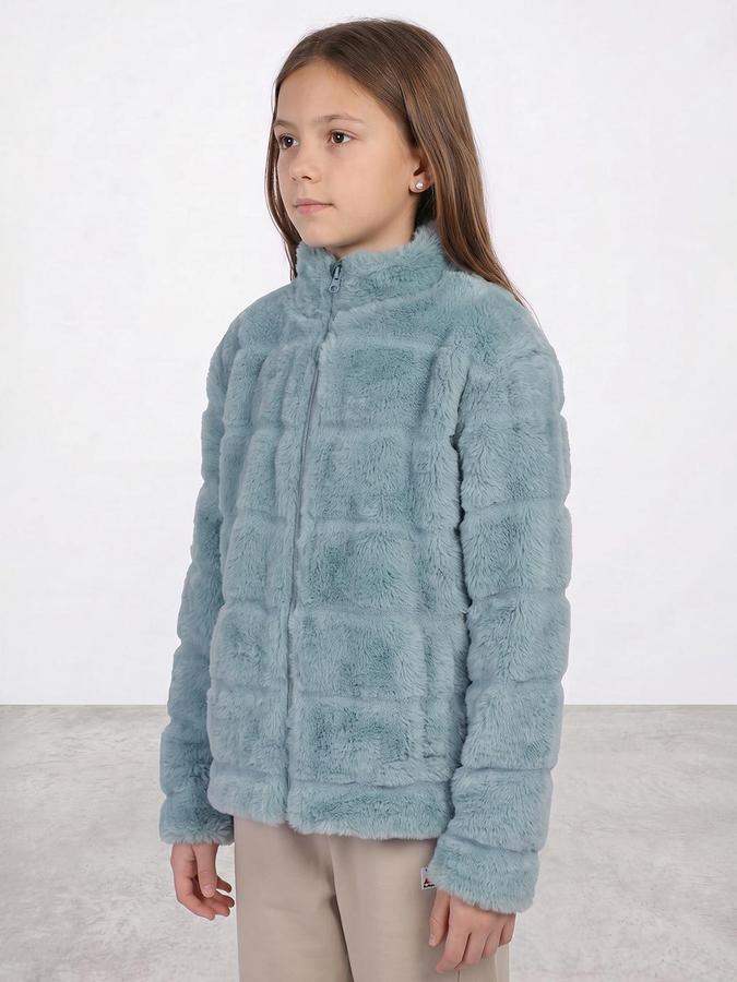 R&B Girls Teal Self Design Mock Collar Long Sleeves Fur Jacket
